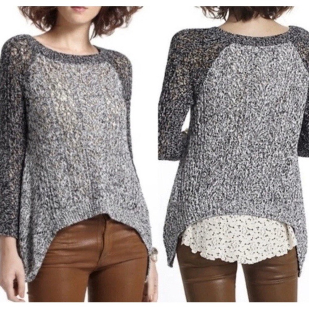 Anthropologie Leifnotes Crochet Dipped Lace High‎ Low Sweater Small Black White